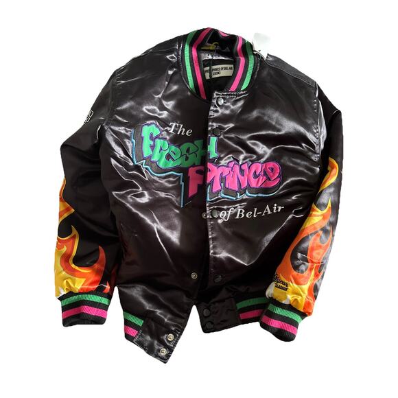 Black Other - Headgear Classics Black Fresh Prince of Bel Air Fire Flame Satin NWT Jacket - L